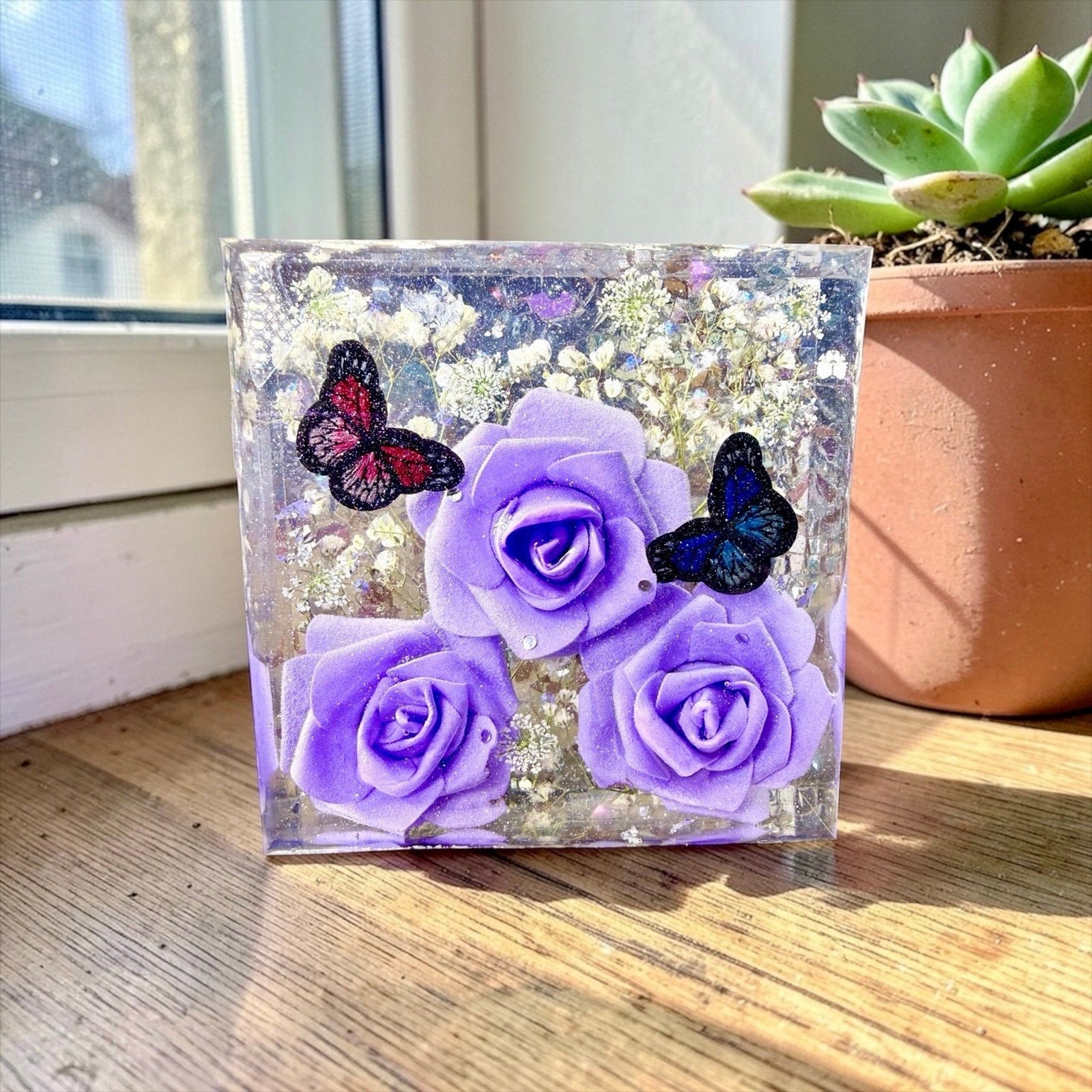 Large EpoxyResin Shelf Sitter Purple Rose Butterfly Decor Bookend Art Desk Decor