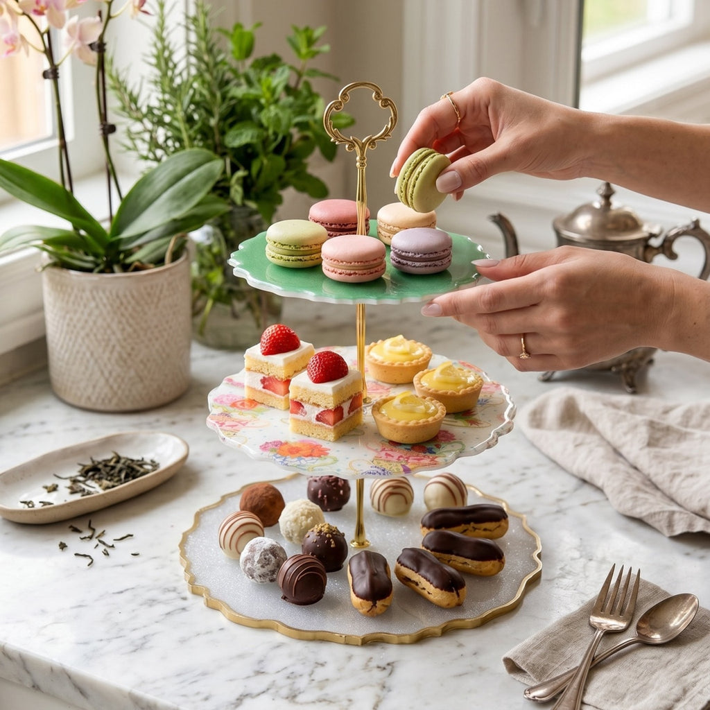 Handmade 3 Tier Resin Tea Party Tray | Floral Dessert Stand | Gold Handle Decor