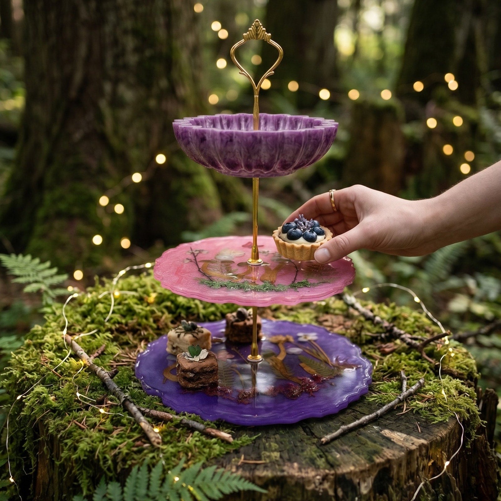 Hidden Grove Tiered Stand | Handcrafted Woodland Resin Display Tray | Botanical